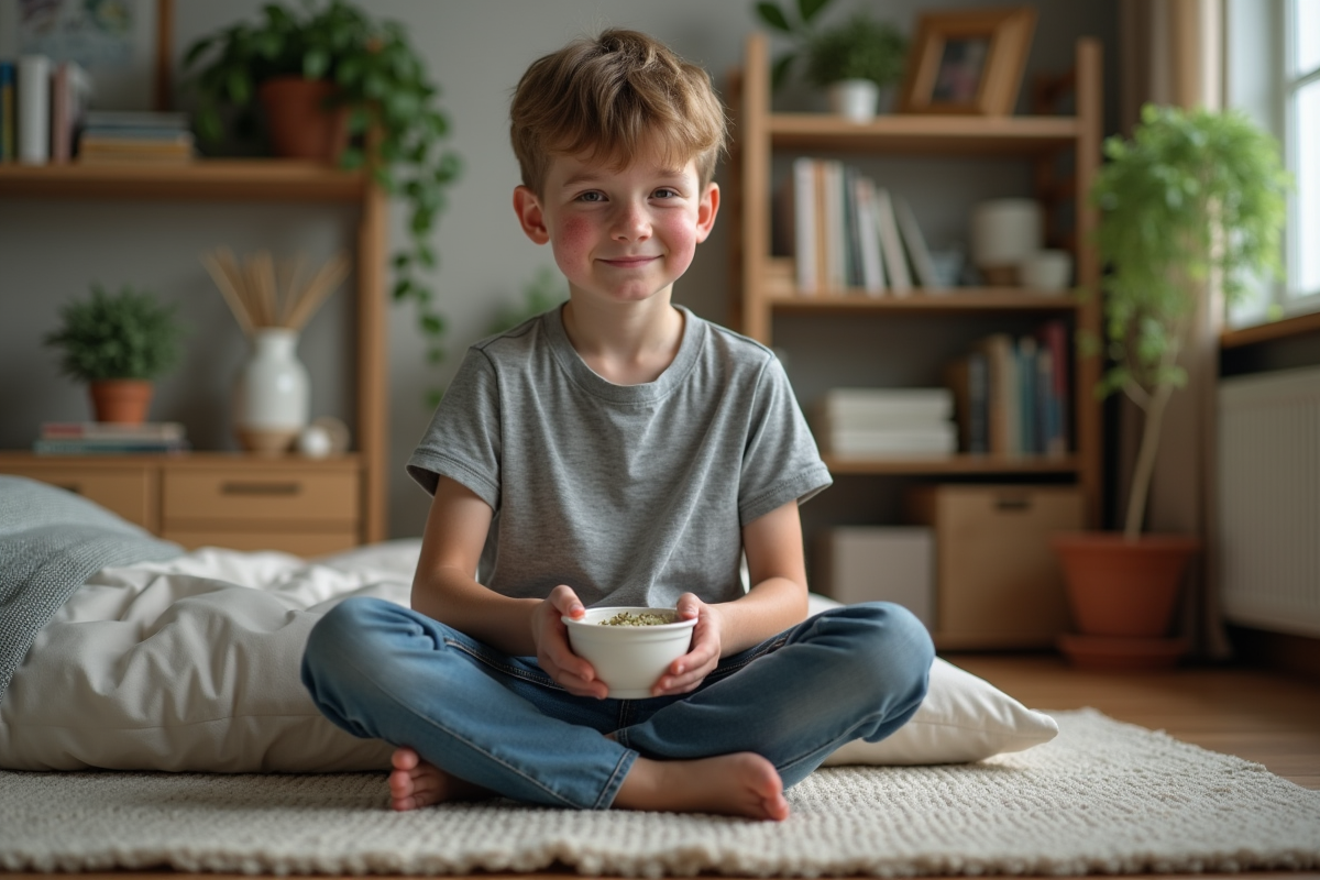 Adolescent avec acné préparant une pâte aux herbes dans sa chambre