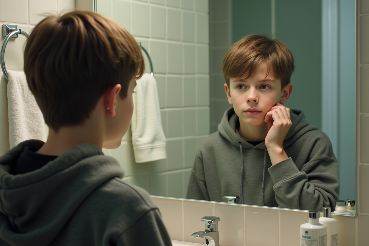 Adolescent regardant son reflet dans le miroir