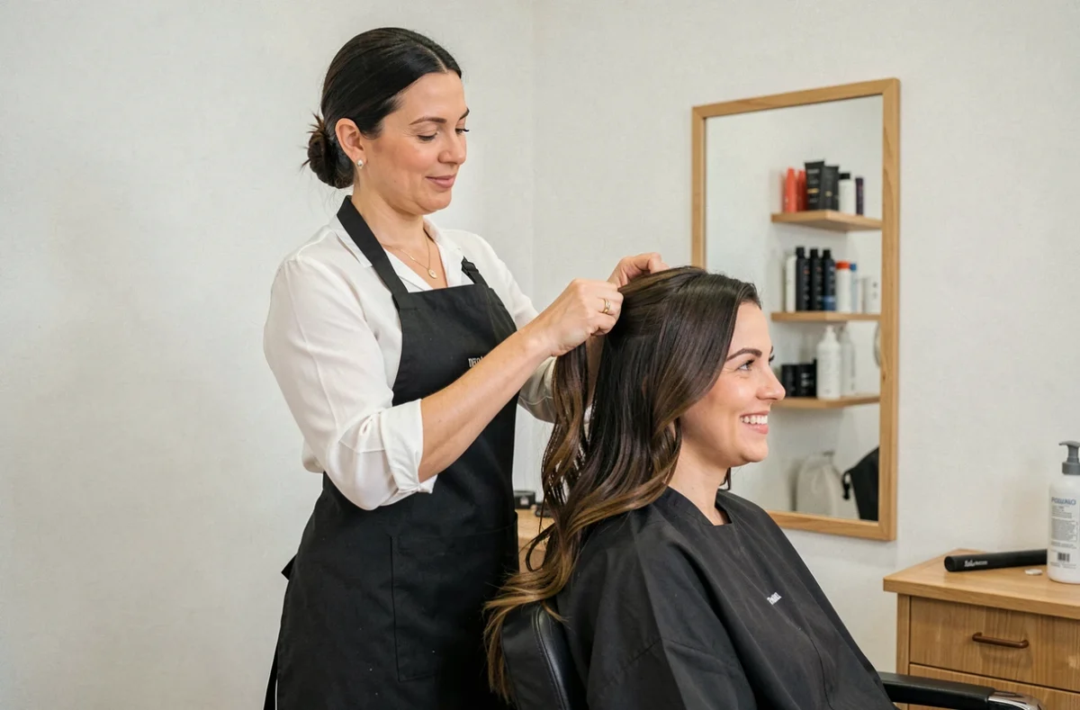 Coiffeuse professionnelle du salon Alexia Coiffure à Rumilly en train de couper les cheveux d'une cliente souriante