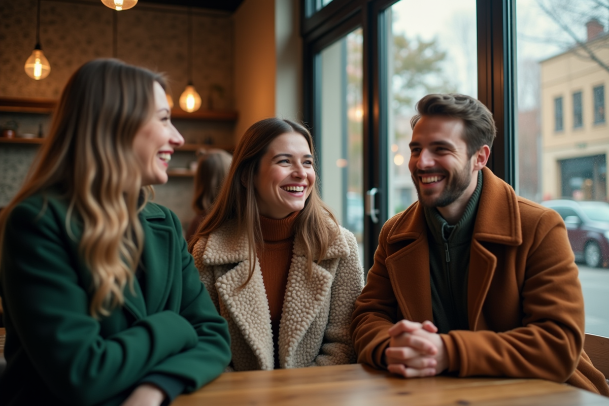 Groupe d amis riant dans un cafe d hiver chaleureux