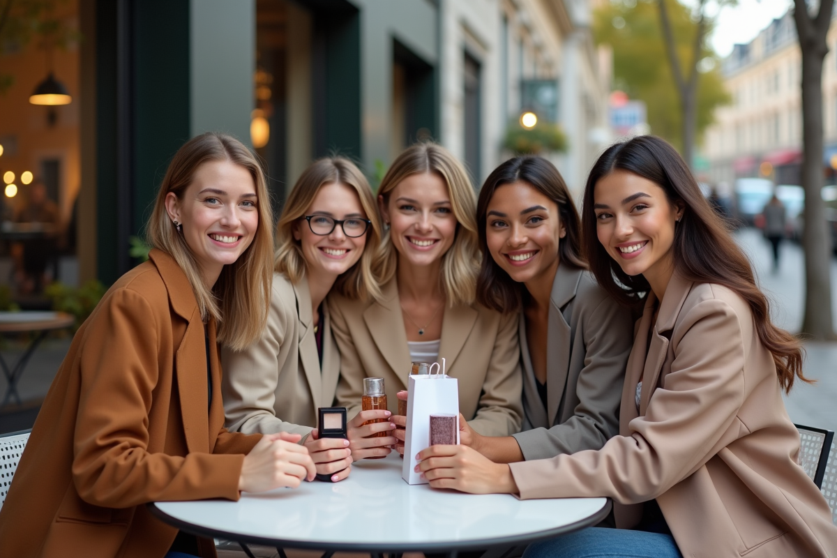 Groupe d amis discutant autour d un café en ville avec sacs shopping