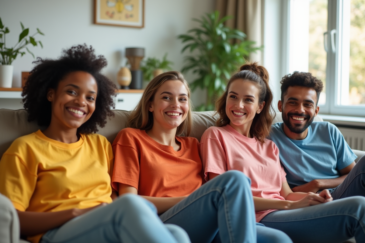 Groupe d amis relaxant dans un salon lumineux en tshirts colorés