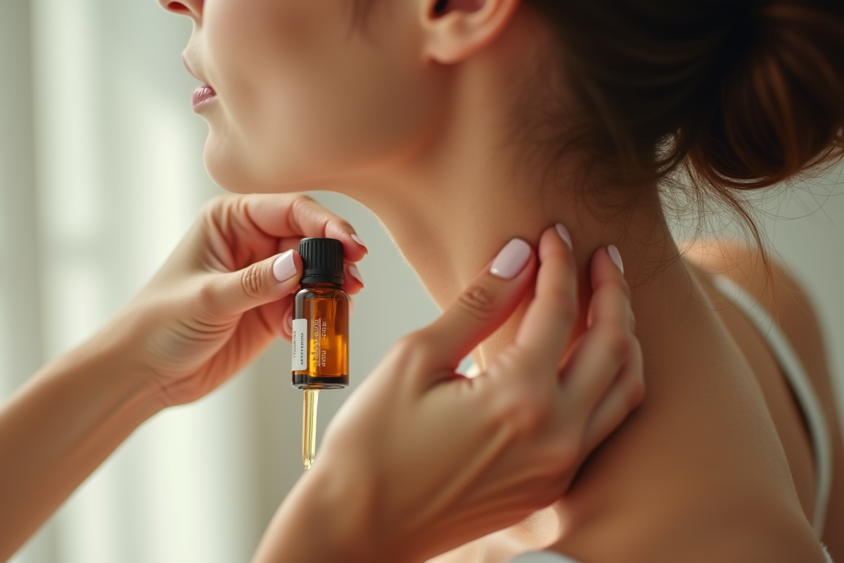 Femme appliquant huile essentielle sur le cou en gros plan