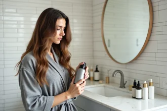 Femme appliquant un spray protecteur thermique sur ses longueurs avant d'utiliser un fer à lisser, erreurs courantes d'application à éviter