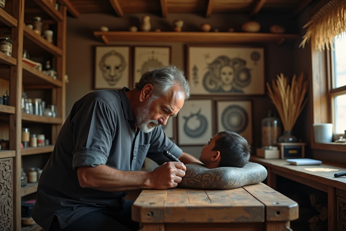 Artiste tatoueur māori traditionnel au travail dans son atelier, appliquant des motifs protecteurs sur l'épaule d'un client, outils ancestraux et croquis de symboles visibles en arrière-plan