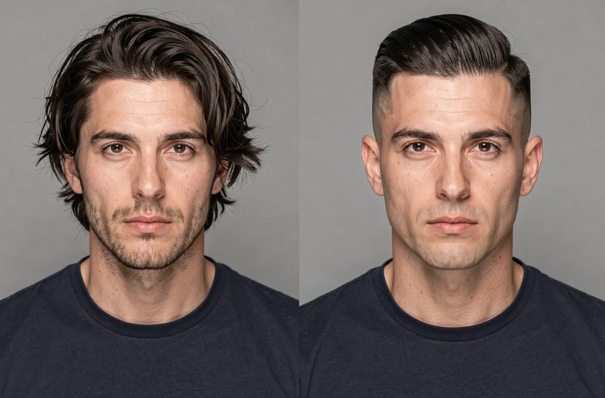 Comparaison avant après coupe mafieux italien avec fondu haut et coiffure plaquée en arrière sur fond gris