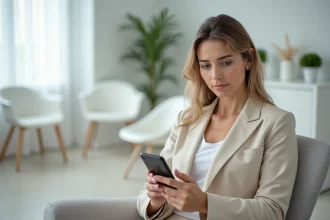 Femme consultant les avis consommateurs The Smilist sur son téléphone dans une salle d'attente de clinique dentaire moderne