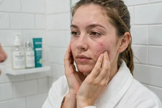Jeune femme sans maquillage qui examine sa peau avec rougeurs et pores dilatés dans un miroir de salle de bain, avec des produits Eau Précieuse visibles