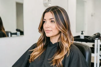 Femme aux cheveux bruns avec un balayage caramel naturel dans un salon de coiffure moderne