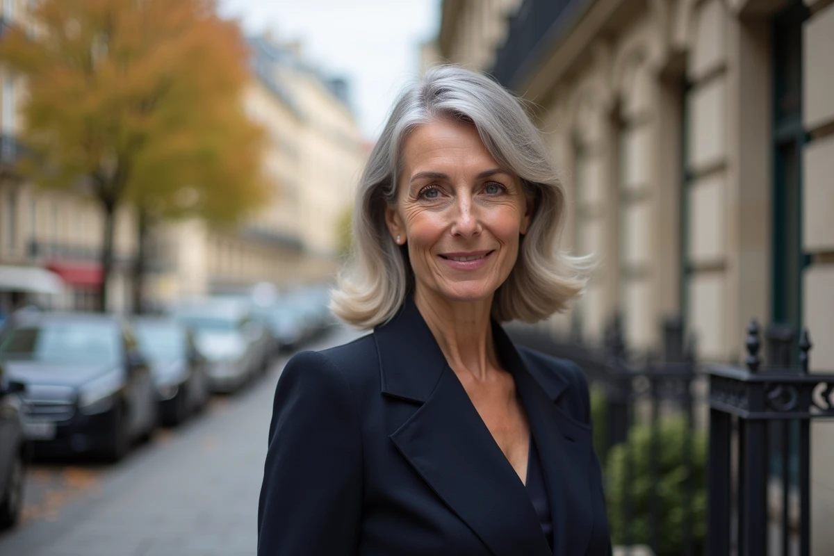 Femme mature avec balayage cendré sur cheveux blancs pour des repousses invisibles et sans entretien