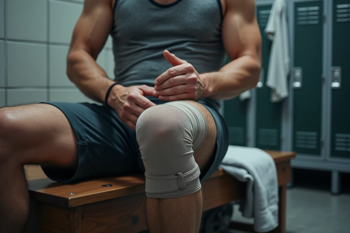 Homme ajustant une bande néoprène de compression sur la cuisse dans un vestiaire sportif