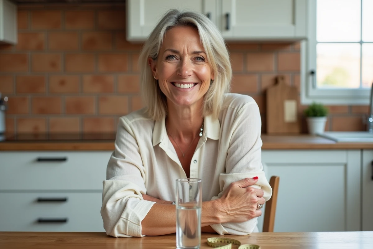 Femme portant des bandes gainantes sur les bras assise dans une cuisine moderne et lumineuse
