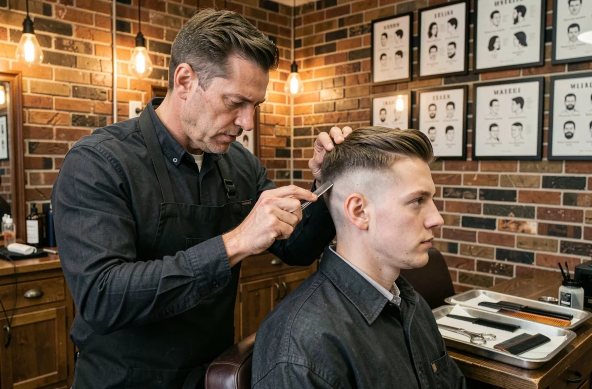 Barbier professionnel affinant la ligne de coupe taper d'un client avec un rasoir droit dans un salon urbain
