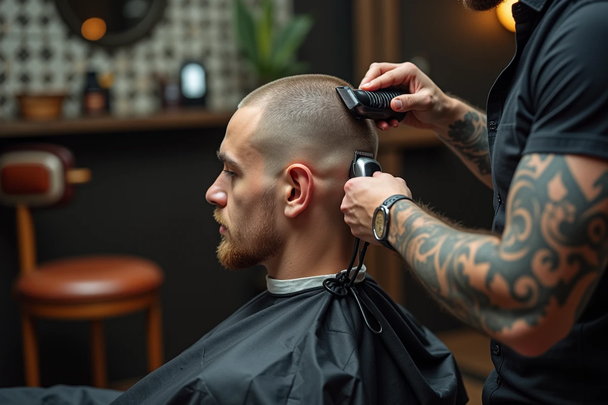 Barbier en train de réaliser une coupe buzz cut avec une tondeuse électrique sur un client
