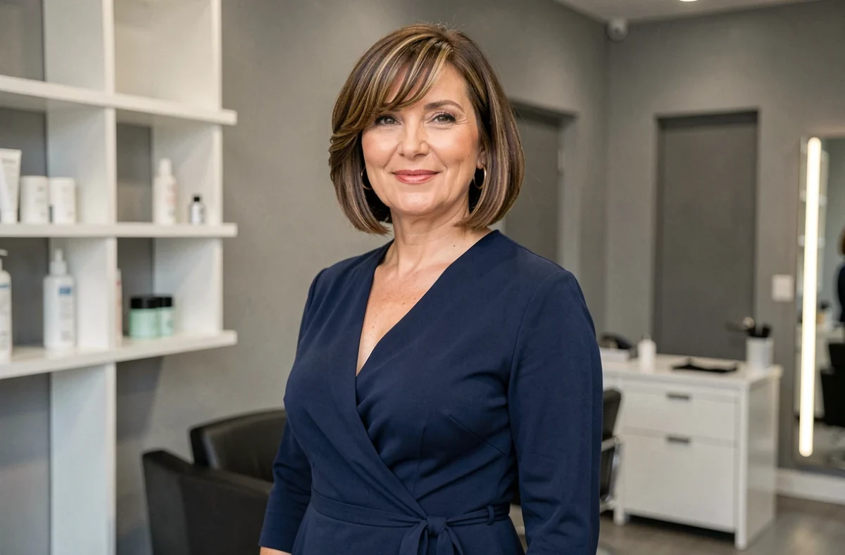 Femme de 50 ans arborant un bob court avec frange latérale pour affiner un visage rond et paraître plus jeune
