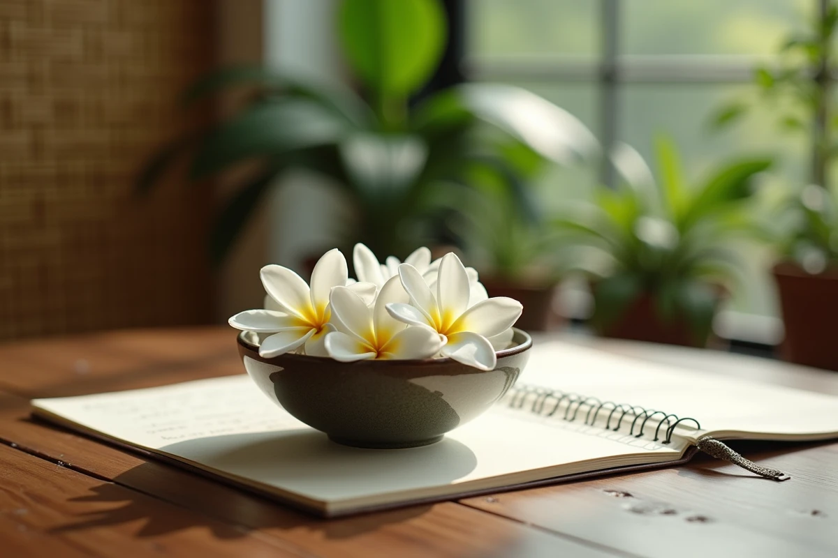 Bol de jasmin frais sur un bureau avec notes &eacute;crites