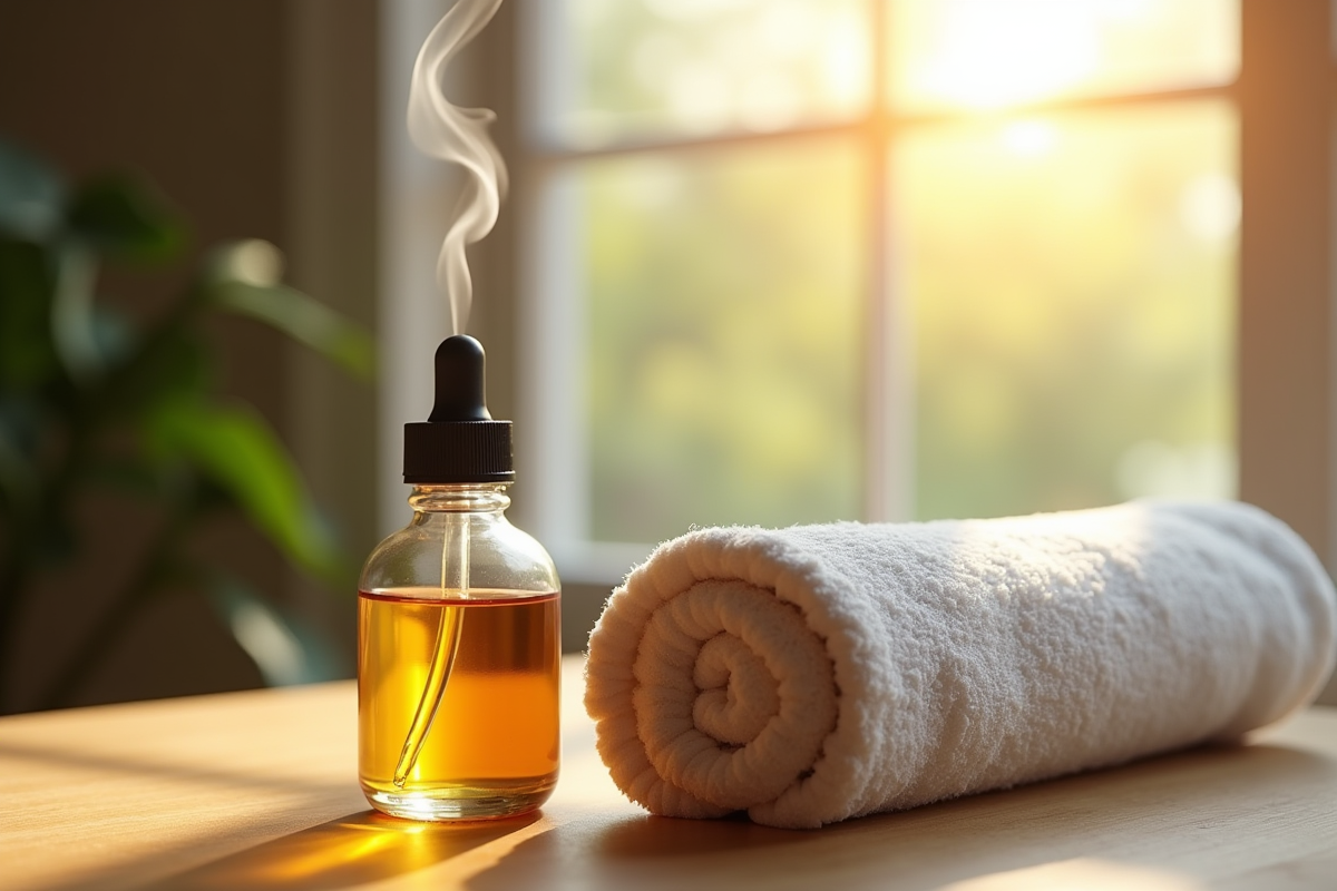 Bouteille d huile essentielle avec serviette sur table en bois