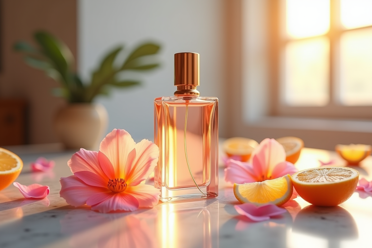 Bouteille de parfum sur marbre entourée de fleurs et agrumes
