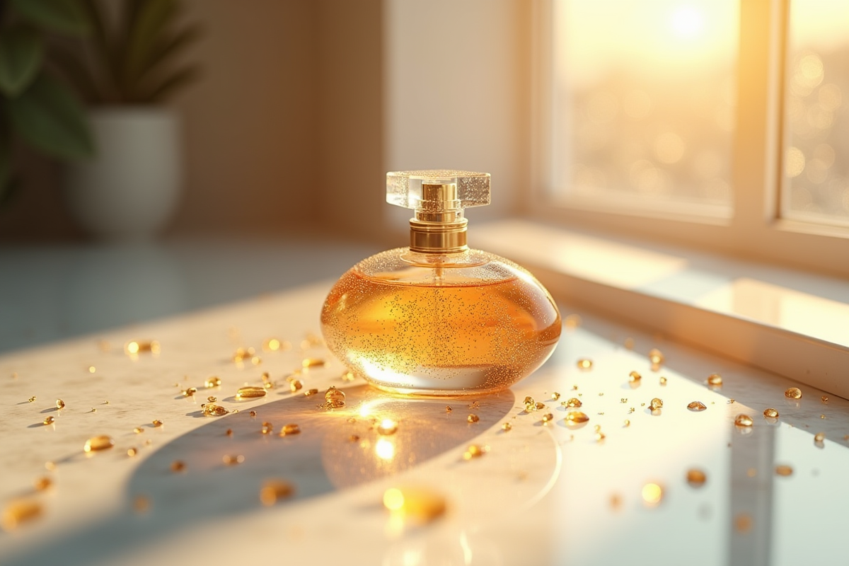 Bouteille de parfum élégante sur un marbre lumineux