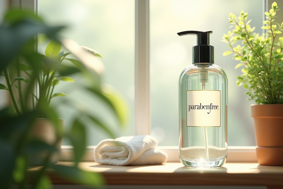 Bouteille de shampoing sans parabènes sur étagère en bois avec plantes
