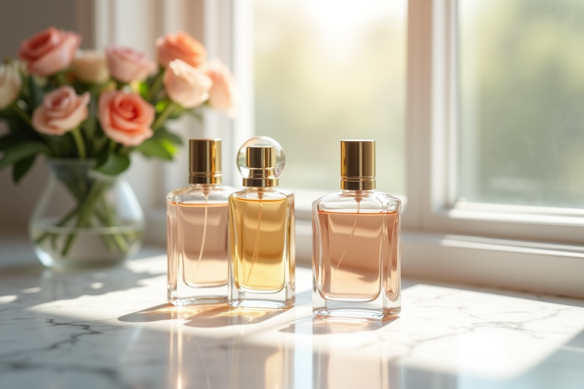 Trois bouteilles de parfum élégantes sur marbre blanc avec lumière naturelle
