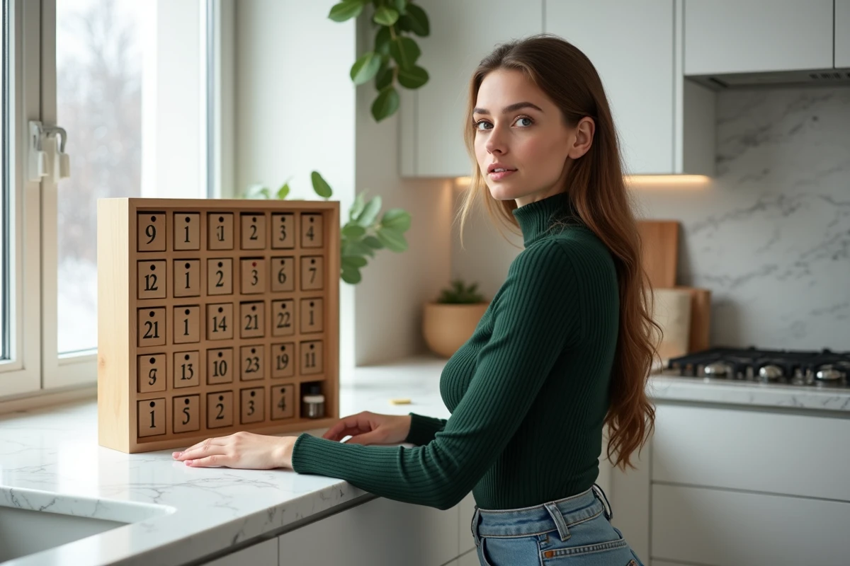 Jeune femme ouvrant un calendrier de l'Avent en bois original avec 24 petites portes numérotées posé sur un comptoir en marbre blanc dans une cuisine moderne