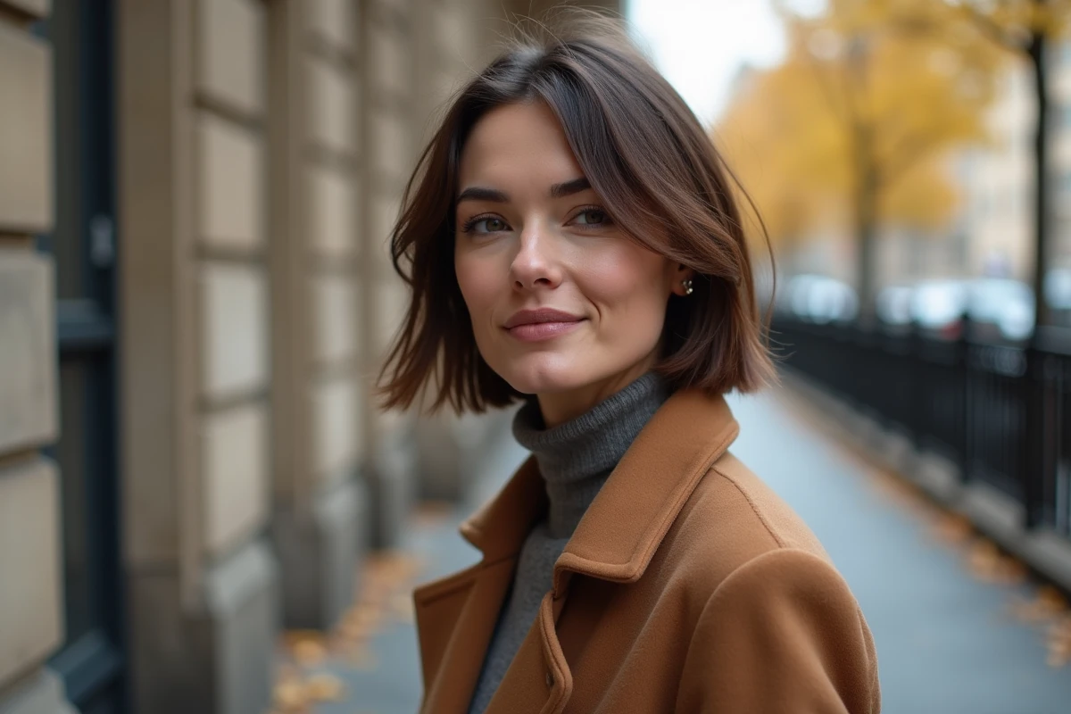 Femme portant un carré plongeant sur cheveux fins dans une rue parisienne en automne, avec manteau camel et col roulé