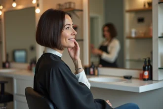 Femme aux cheveux fins avec un carré plongeant fraîchement coupé, assise dans un fauteuil de salon de coiffure moderne devant un grand miroir