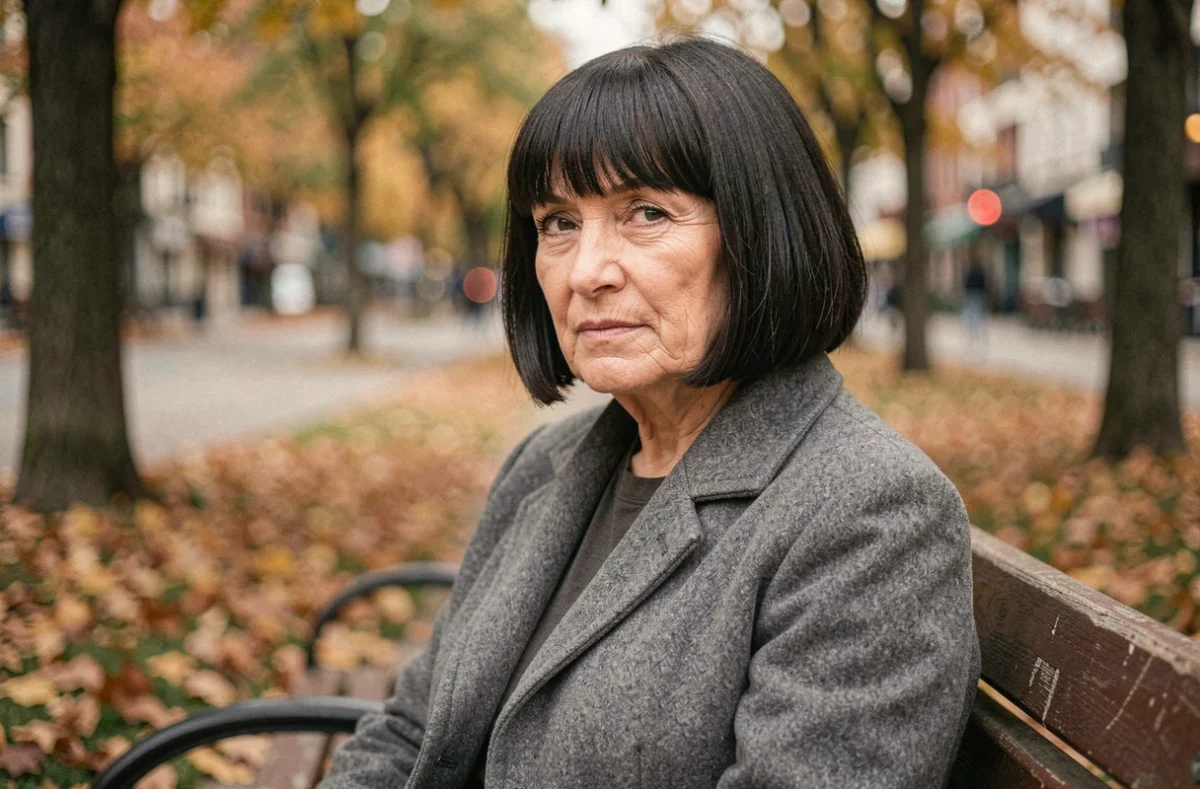 Femme de 70 ans avec un carré plongeant aux bords trop nets et sans dégradé qui rigidifie les traits du visage, assise sur un banc dans un parc en automne