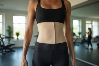 Femme portant une ceinture gainante néoprène autour du ventre dans une salle de sport moderne