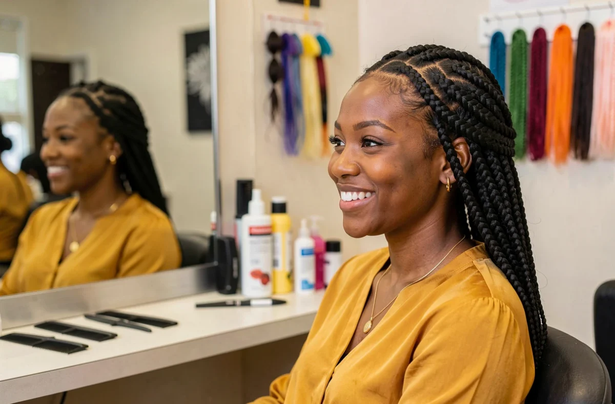 Jeune femme noire souriante avec des box braids fraîchement réalisées dans un salon de coiffure afro