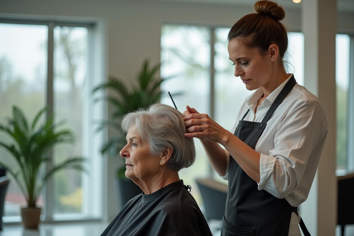 Coiffeuse professionnelle réalisant une coupe courte sur une femme de 60 ans au visage rond dans un salon moderne
