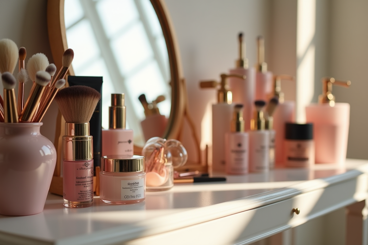 coiffeuse avec maquillage de marques celebres et miroir