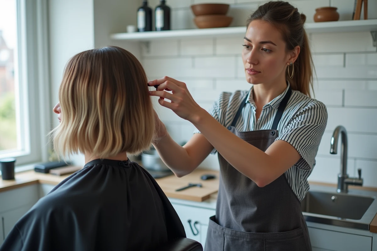 Coiffeuse professionnelle sectionnant les cheveux fins d'une cliente avant la réalisation d'un carré plongeant en salon