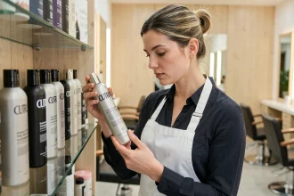 Coiffeuse examinant des produits Cutrin authentiques sur une étagère dans un salon de coiffure français