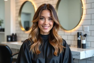 Femme aux cheveux mi-longs dégradés avec balayage caramel dans un salon de coiffure moderne