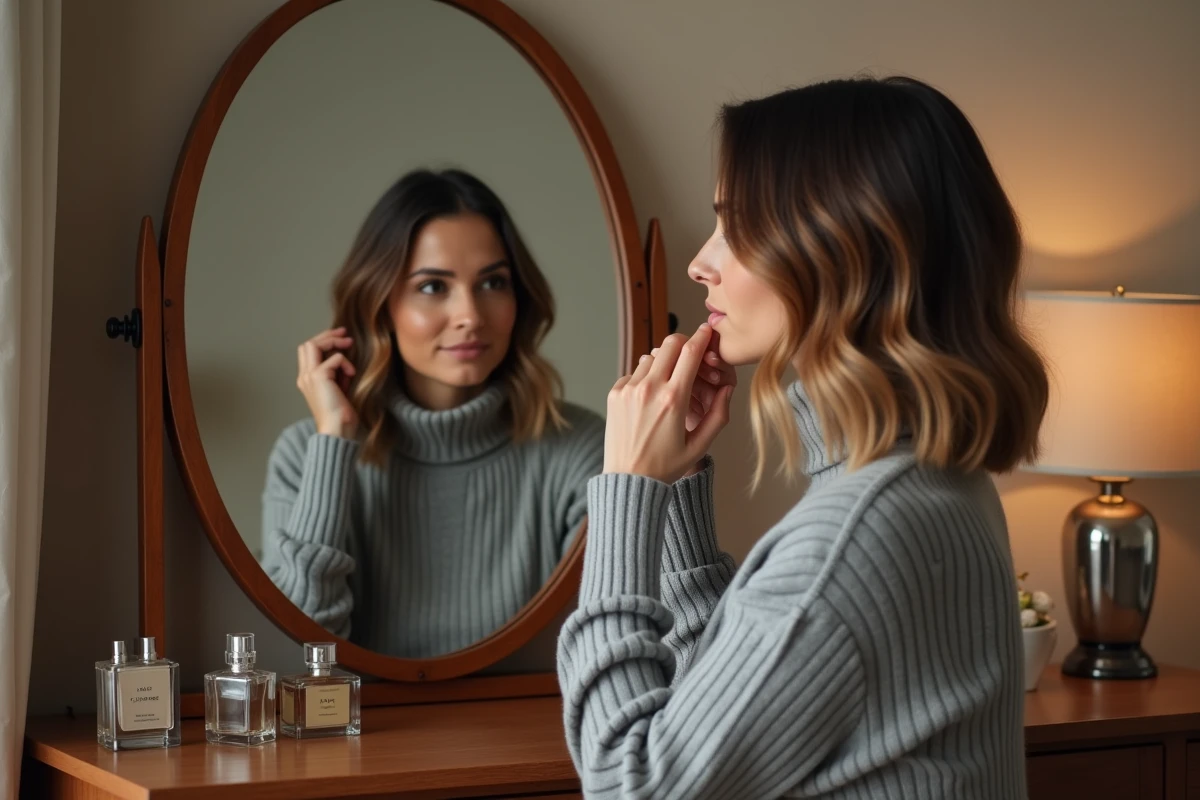 Femme aux cheveux mi-longs dégradés avec babylights se coiffant devant un miroir vintage à la maison