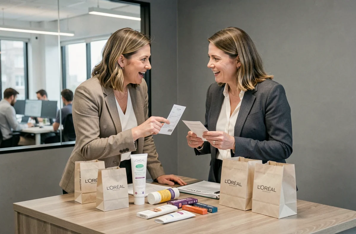 Deux collègues comparant des produits L'Oréal et des économies réalisées lors d'une vente au personnel en entreprise
