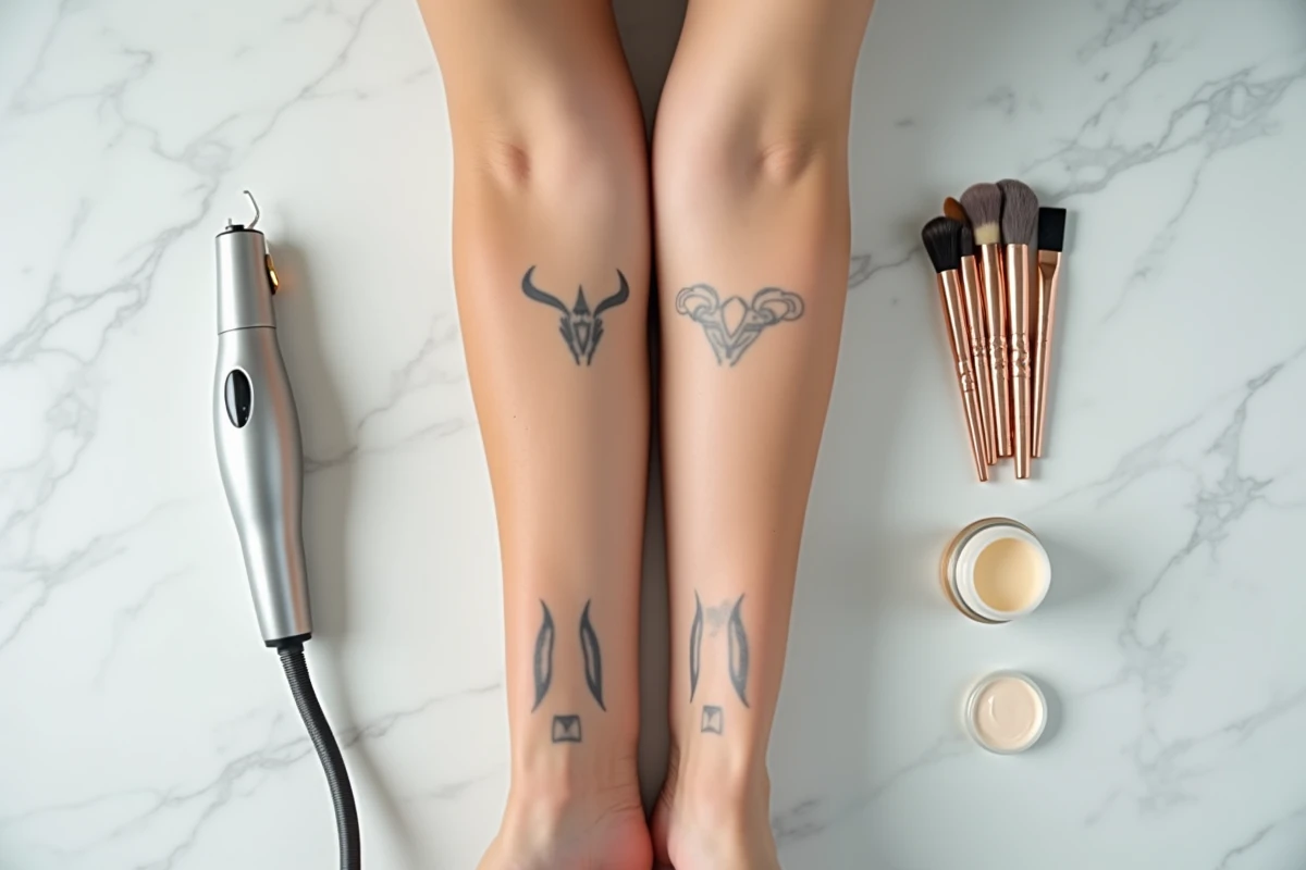 Comparaison détatouage laser et maquillage couvrant sur avant-bras, illustration des deux techniques au Ray Studios Paris
