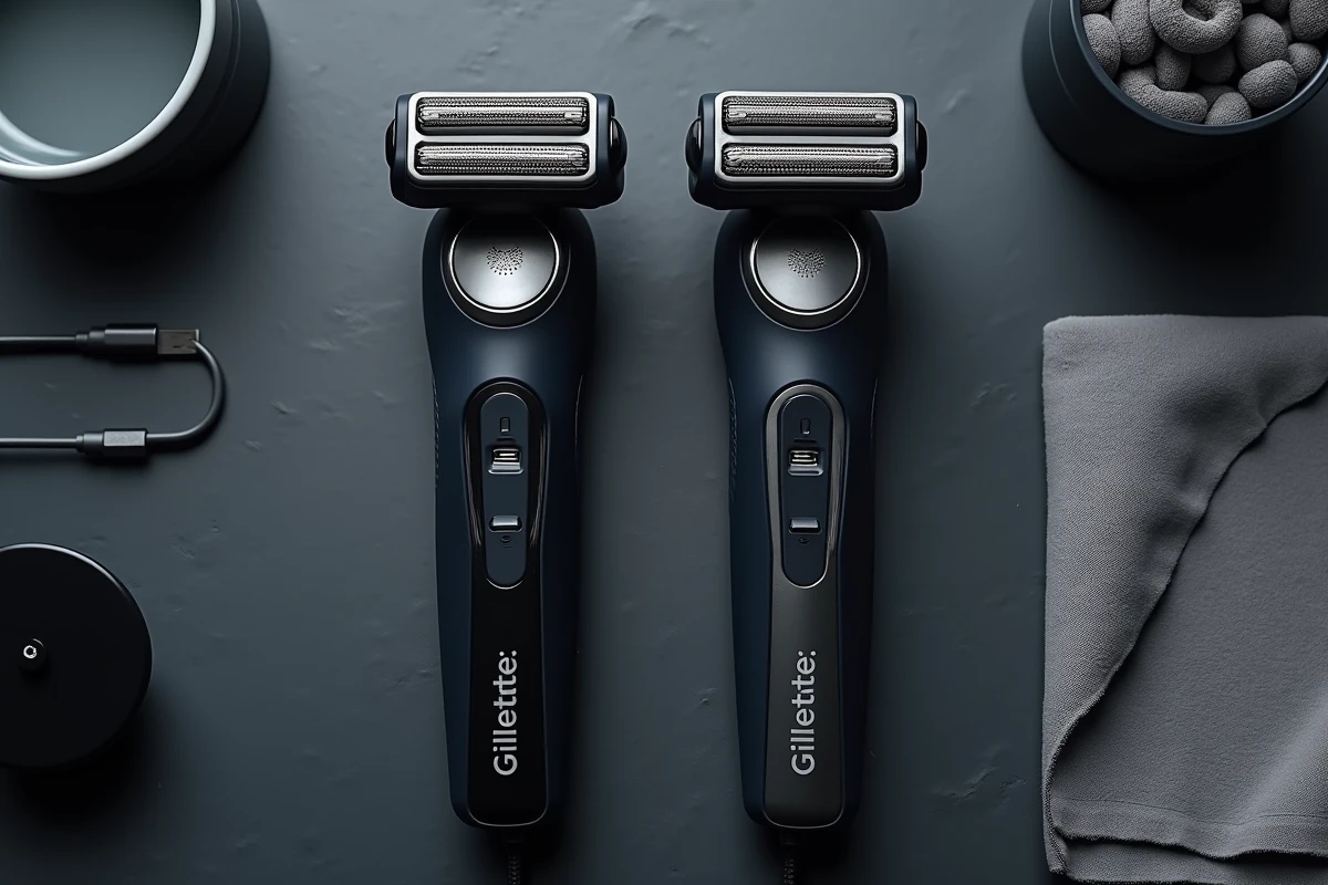 Comparaison de deux modèles de rasoirs électriques Gillette posés côte à côte sur une surface en ardoise