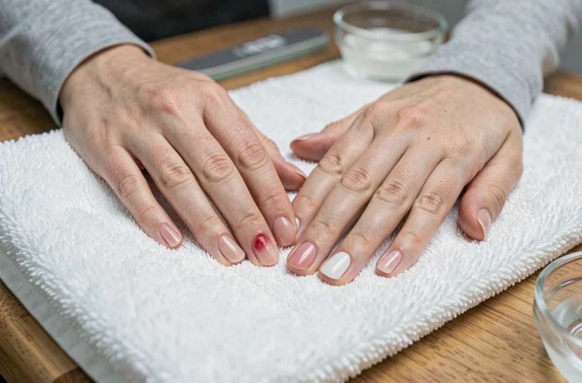 Comparaison entre un ongle naturel après retrait d'une prothèse et un ongle avec gel encore posé sur une table de soin