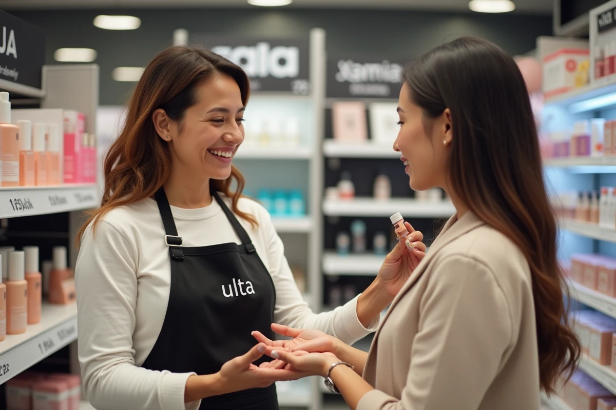 Conseillère beauté Ulta appliquant une crème teintée sur la main d'une cliente lors d'un test de produit en magasin en 2026