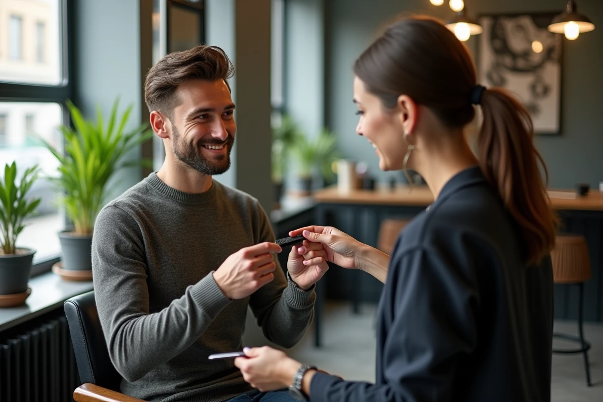 Jeune homme discutant avec une coiffeuse dans un salon moderne