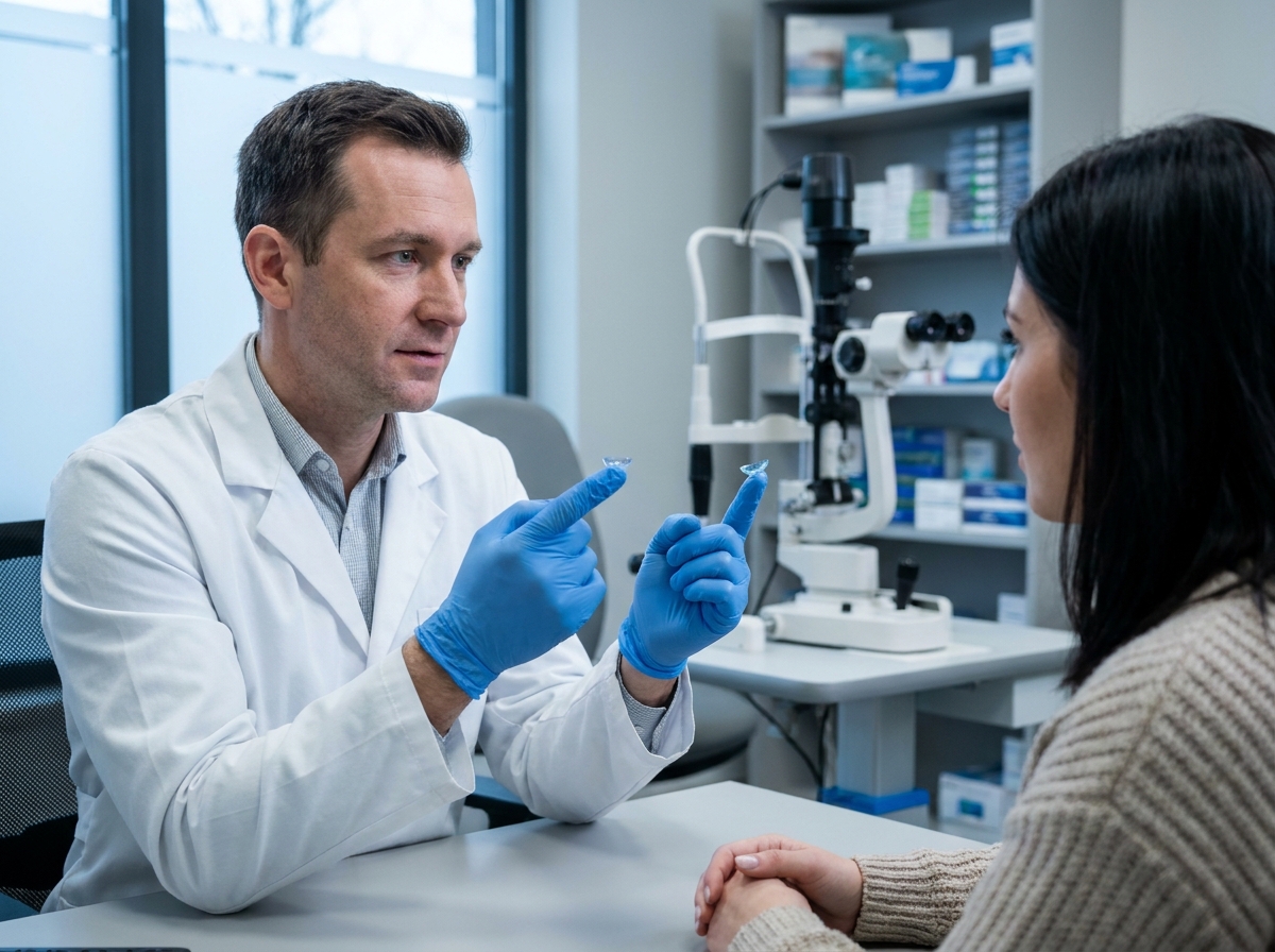 Opticien présentant des lentilles de couleur à une patiente lors d'une consultation professionnelle en cabinet d'optique
