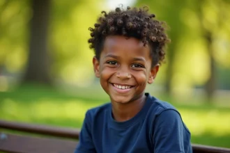 Garçon d'environ 8 ans avec cheveux frisés bien définis assis dans un parc, coupe courte et soignée pour boucles naturelles