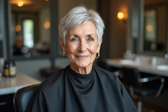Femme de 60 ans avec un visage rond arborant une coupe courte en pixie layerisée dans un salon de coiffure professionnel