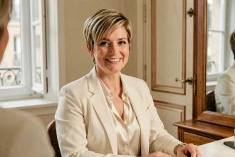 Femme de 45 ans avec une coupe courte pixie adaptée à un visage rond, élégante et féminine