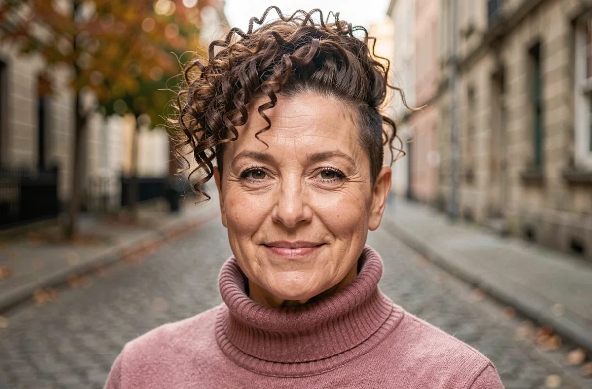 Femme de 47 ans avec une coupe courte frisée volumineuse pour agrandir et affiner un visage rond après 40 ans