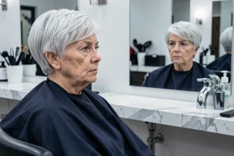 Femme de 70 ans avec une coupe courte géométrique trop sévère qui durcit les traits du visage, assise dans un fauteuil de salon de coiffure devant un miroir