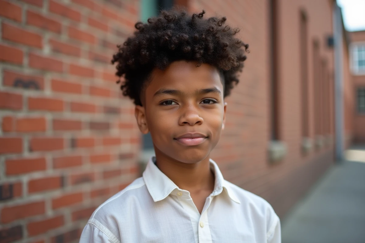 Adolescent avec coupe dégradée et cheveux bouclés définis devant un mur en briques, style urbain et soigné
